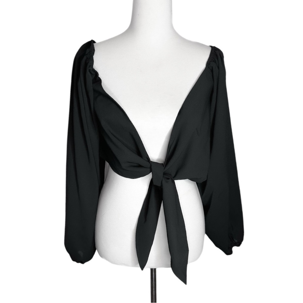 Hers & Mine Black Long Sleeve Front Tie Crop Top Size Small - Picture 1 of 5